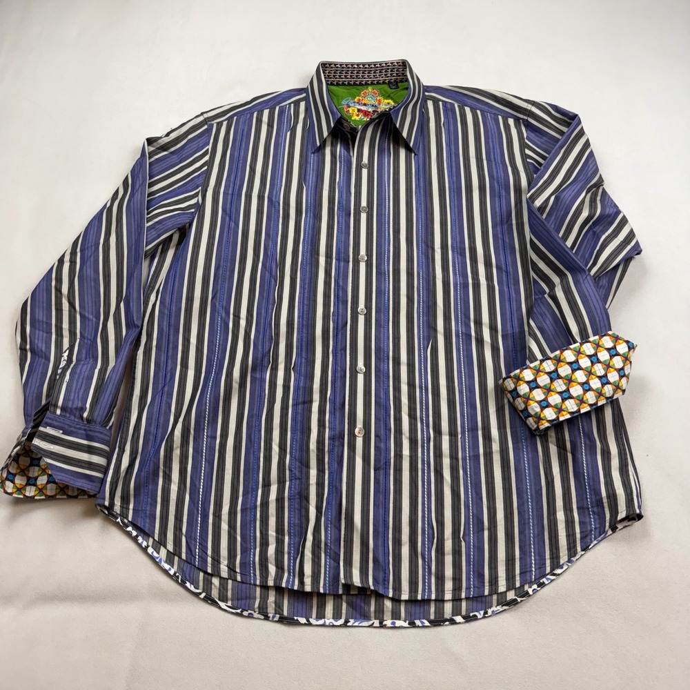 Robert Graham Mens XL Long Sleeve Striped Button Down Shirt Purple Black White